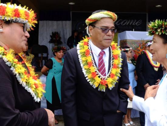 Secretary Haaland is greeted by a Micronesian delegation during her Pacific tour
