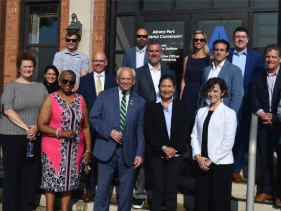 Secretary Haaland and BOEM Director Liz Klein pose with others during a trip to Albany, New York