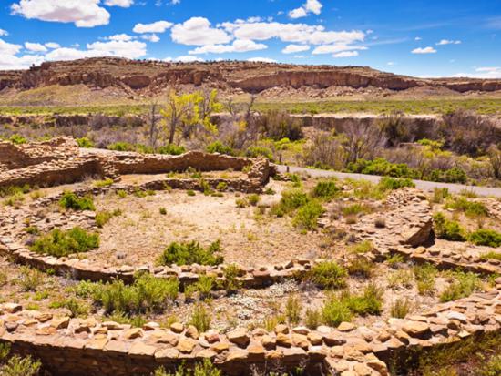 The ruins of an ancestral Pueblo village overgrown by desert plants