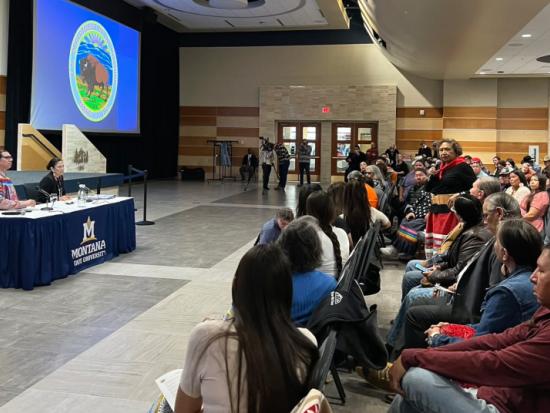 Secretary Haaland listens to survivors of federal Indian boarding schools. 