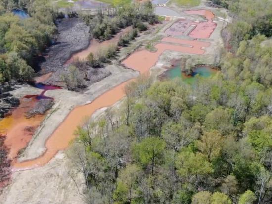 Overhead view of mine waste, pollution
