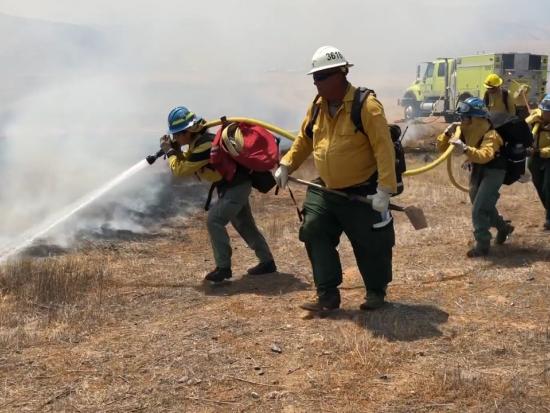 Wildland firefighters practice working together to carry a hose spraying water