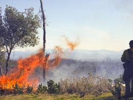 A wildland firefighter stands on a hill wearing protective gear next to a burning fire 