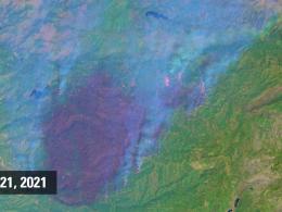 An image of the 2021 Caldor Fire in California taken by Landsat.