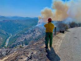 A firefighter stands on a ridge while monitoring a distant fire