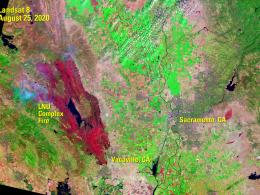 Satellite image showing the LNU Complex Fire boundary west of Vacaville, California on August 25, 2020