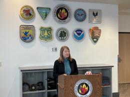 Acting Deputy Secretary Laura Daniel-Davis speaks at the National Interagency Fire Center in Boise, Idaho.