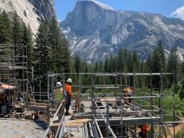 Scaffolding at Ahwahnee Hotel, with mountains in the background