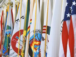 Hallway with flags from different nations.