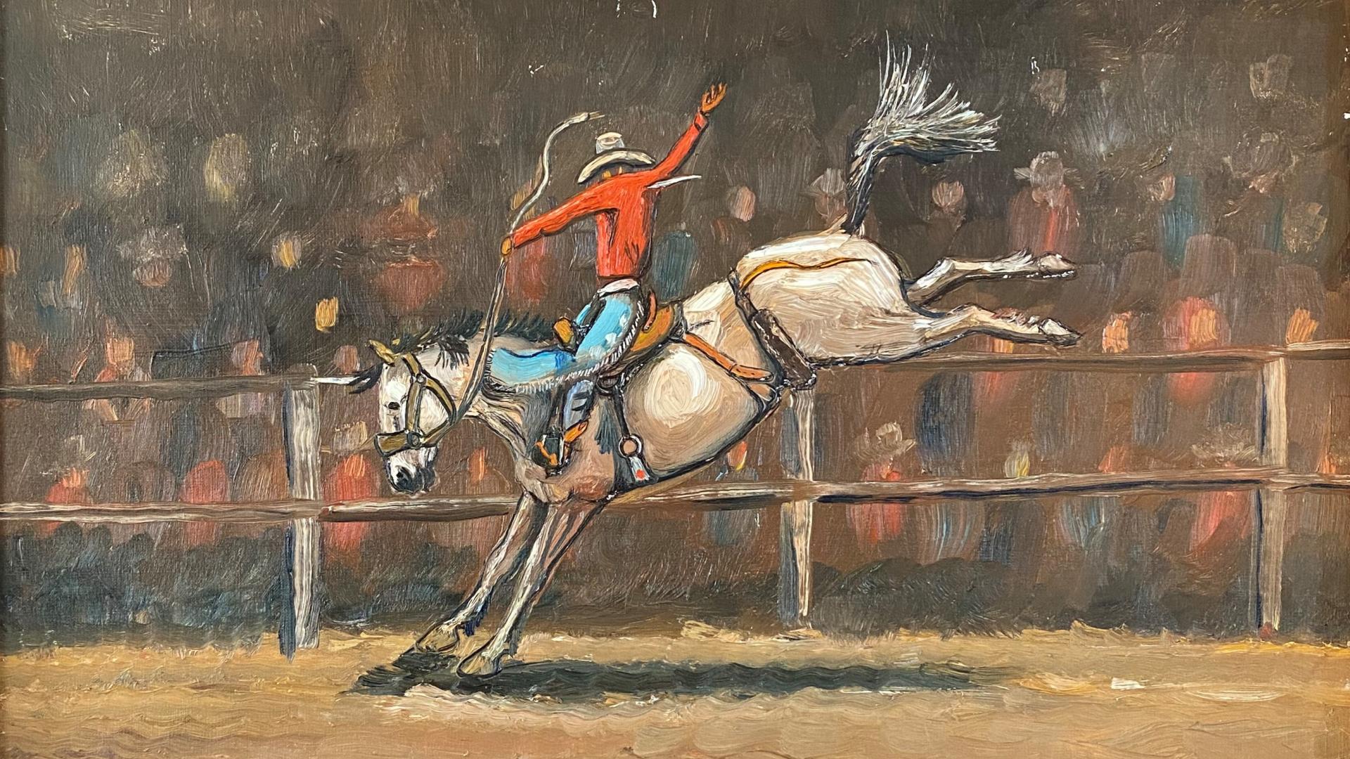 Painting of a man riding a bucking horse.