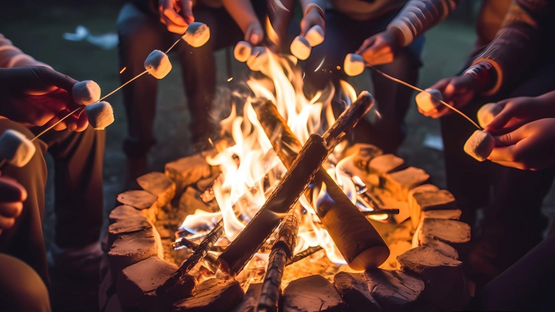 A group of people roast marshmallows around a campfire. Their hands hold sticks with marshmallows over a fire burning in a rock pit. Adobe Stock image. 