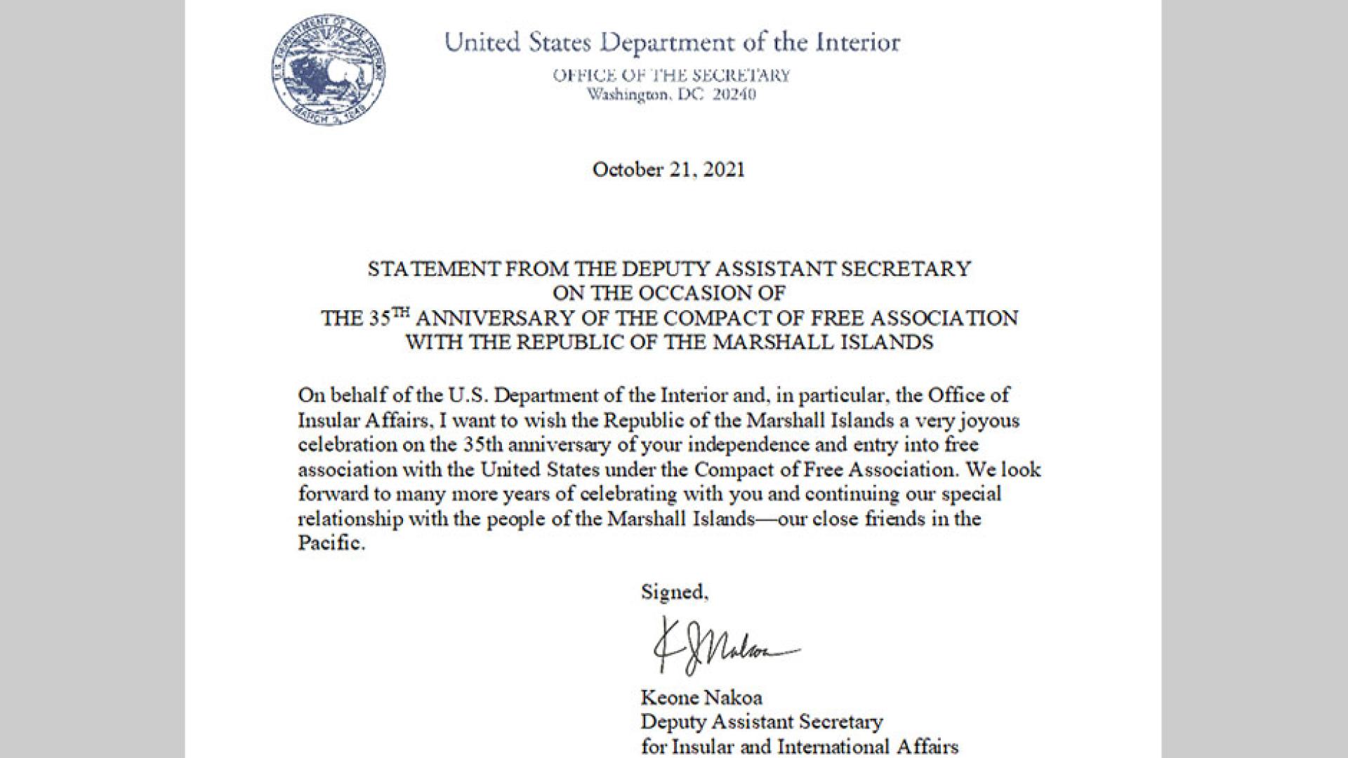 Statement from the Deputy Assistant Secretary on the 35th anniversary