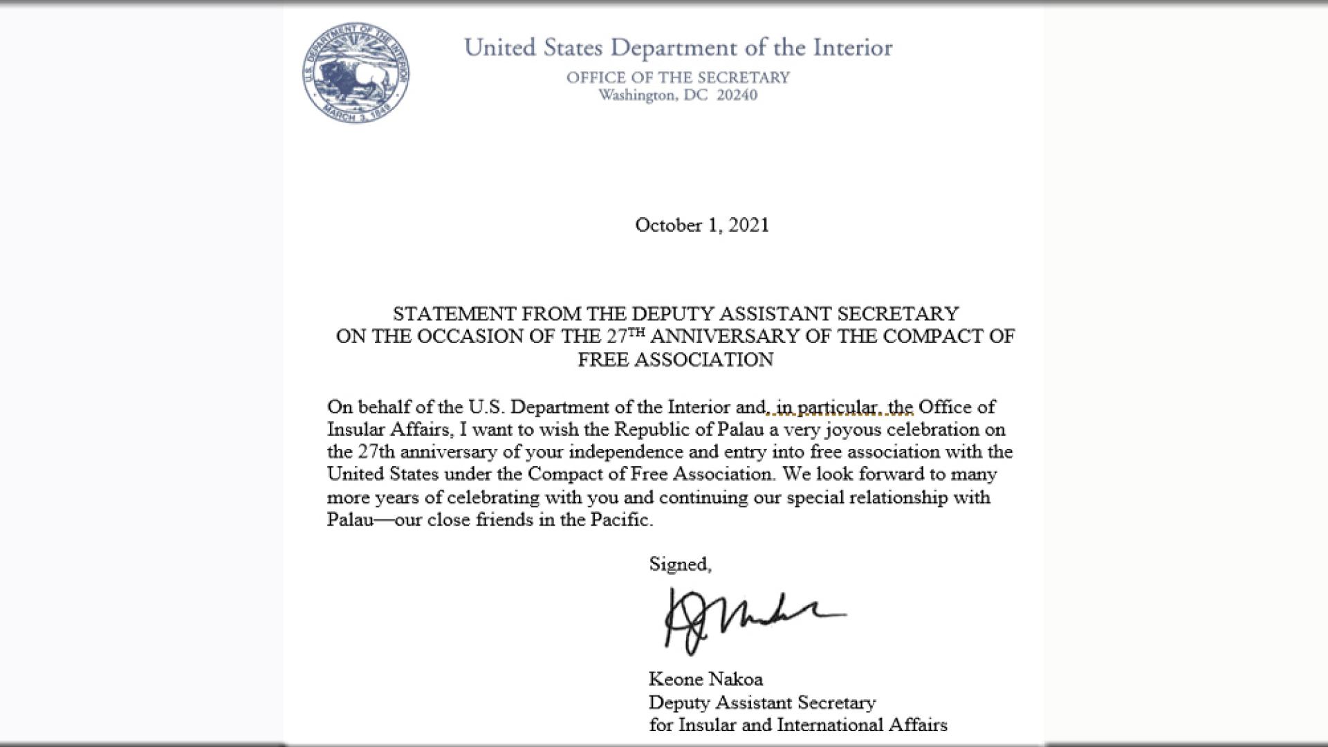 Statement from the Deputy Assistant Secretary photo