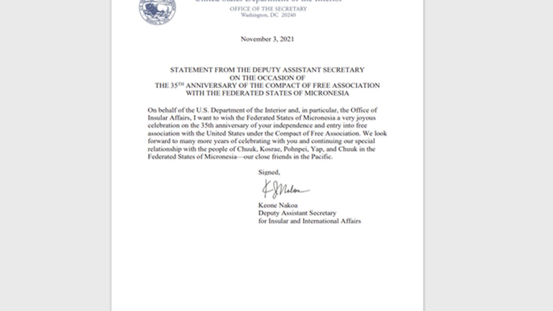 Statement from the Deputy Assistant Secretary on the 35th anniversary