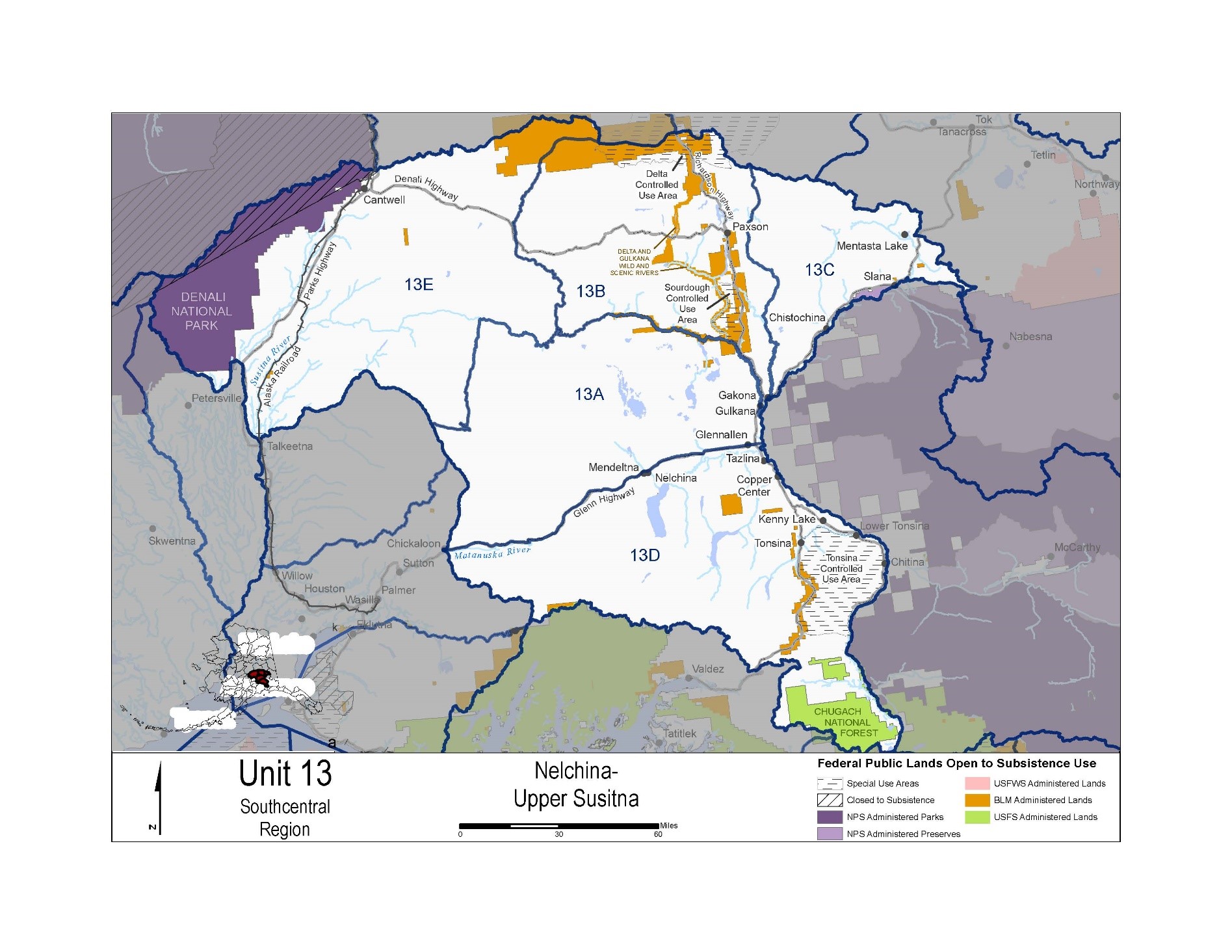 Map showing hunting Unit 13 in Alaska, highlighting the portions that are closed to the taking of moose and caribou by non-federally qualified users.