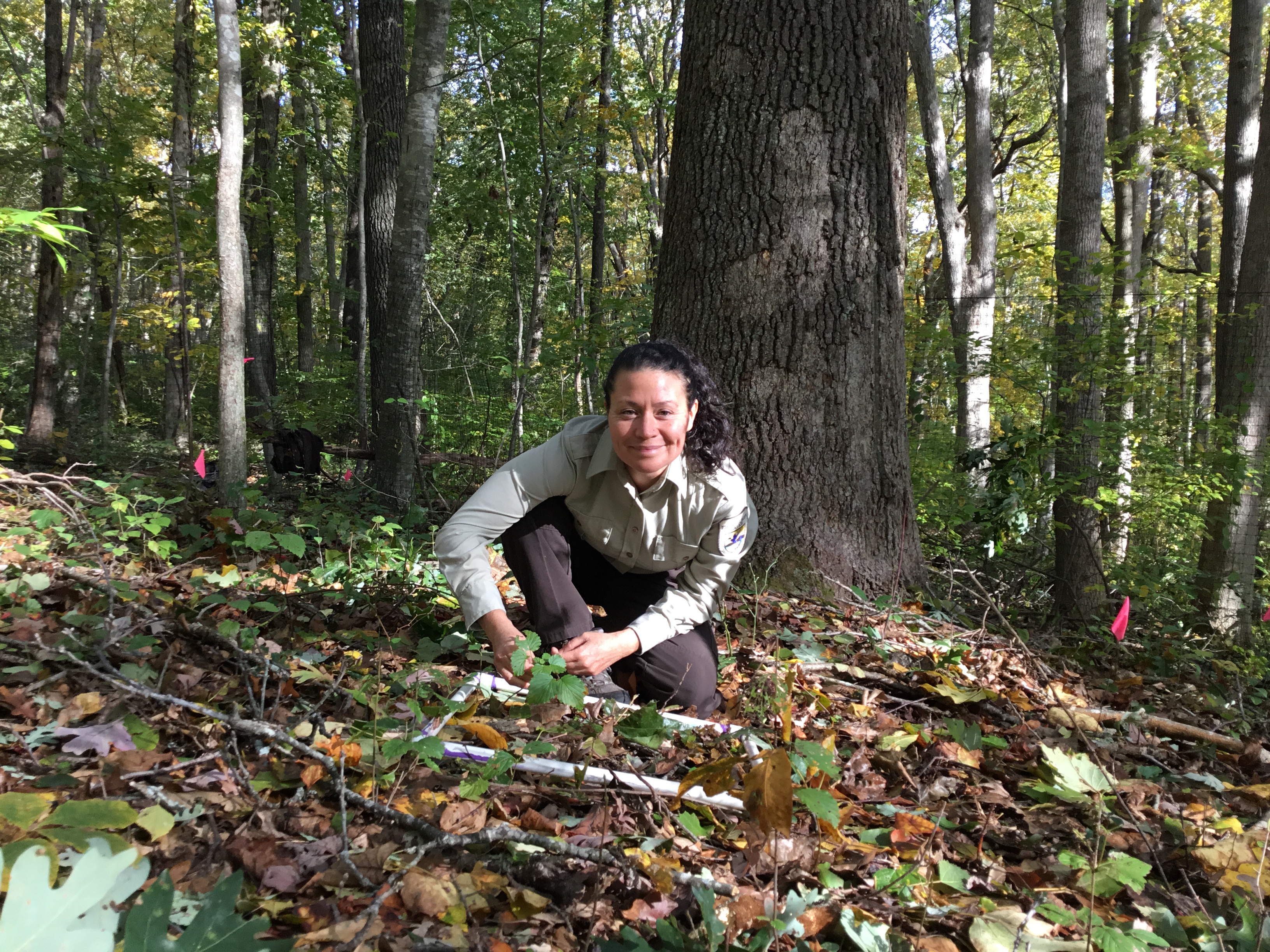 Kris smiles while kneeling on the ground in a forest.