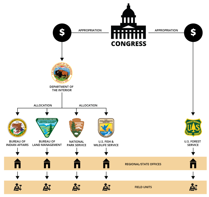 An illustration showing how money for wildland fire management flows from Congress to Departments like DOI, then the Departments disperse money to bureaus, state offices, and field units. 