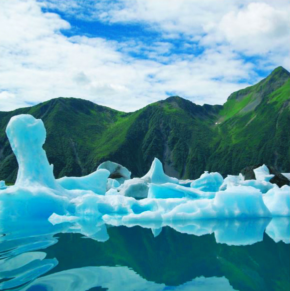 Naturally sculptured ice chunks in Bear Glacier Lagoon in Kenai Fjords National Park, Alaska