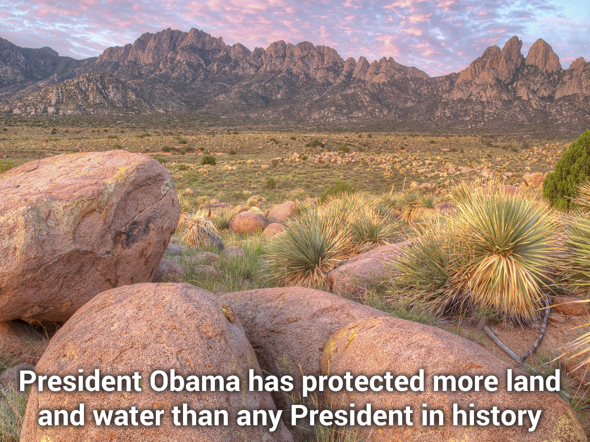 Text with mountains in background: President Obama has protected more land and water than any President in history.