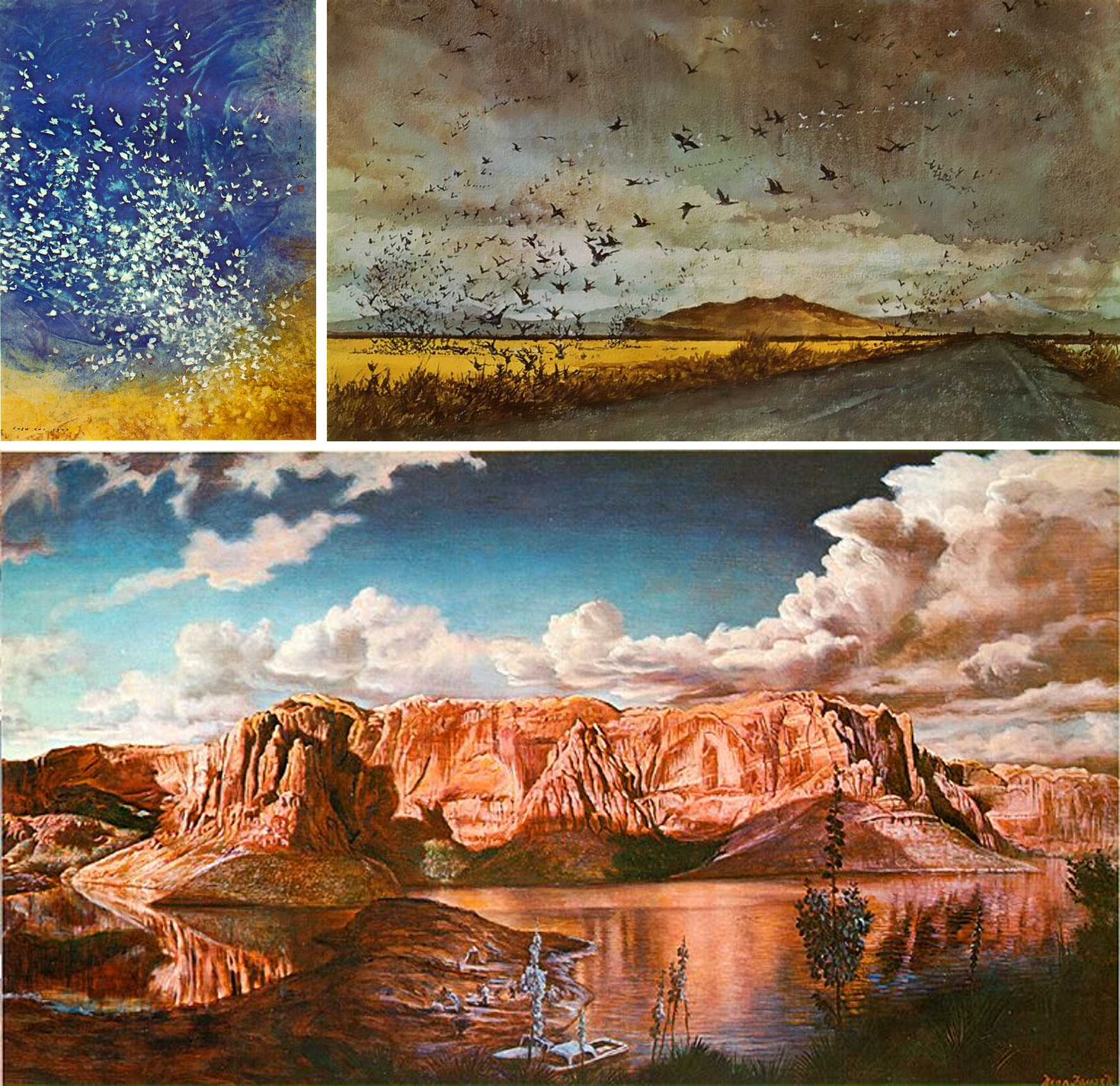 Collage of three paintings: two featuring birds in flight and one featuring the red, rocky landscape surrounding Lake Powell. 