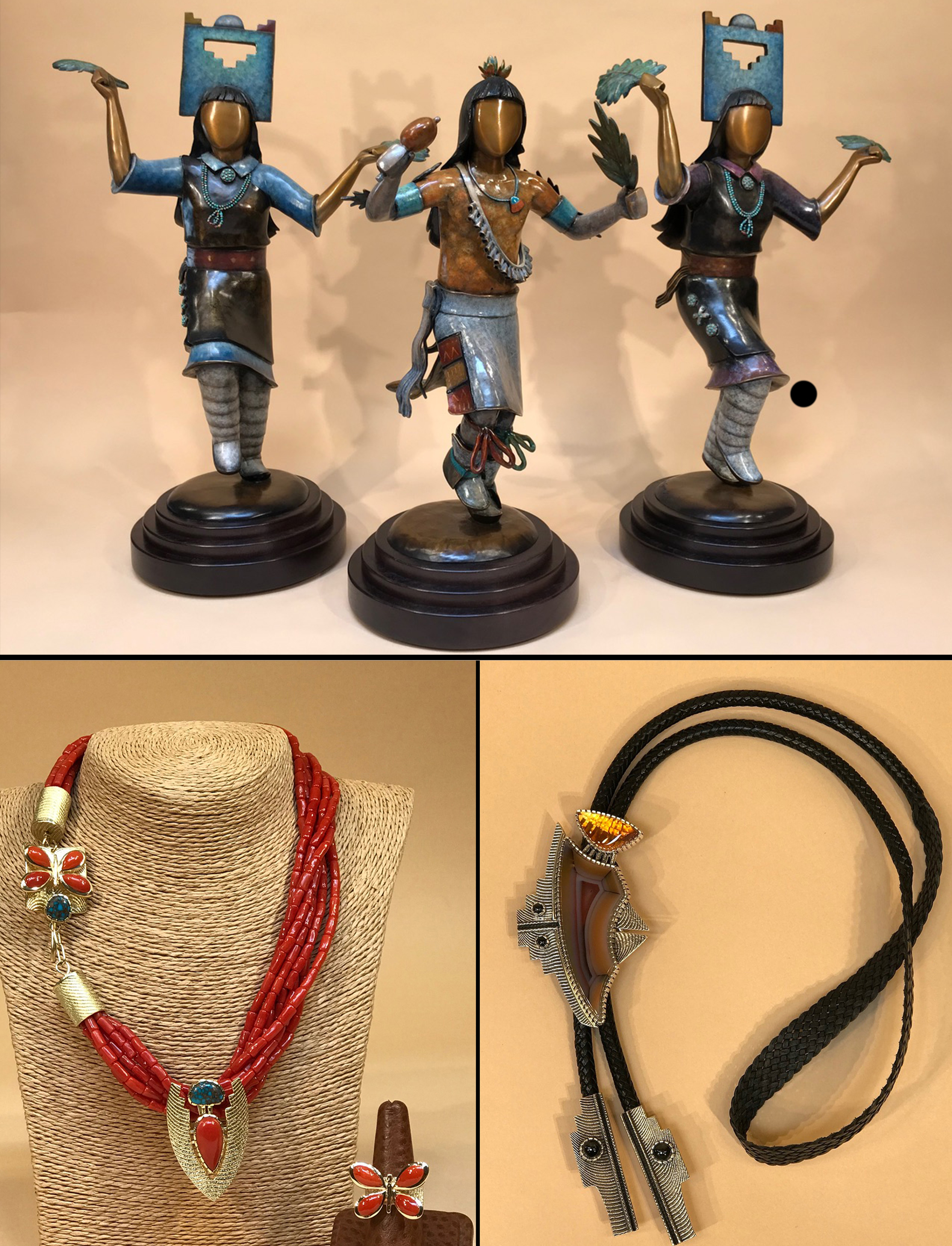 "Pueblo Corn Dancers" by Joe Cajero, Jr. / Coral Necklace, Gold Pendant, Gold Ring and Inlaid Silver Bolo Tie by Althea Cajero. © The Artists 