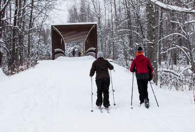 Snowy scene with two cross-country skiers, one in black, one wearing a red jacket, walking up to a bridge