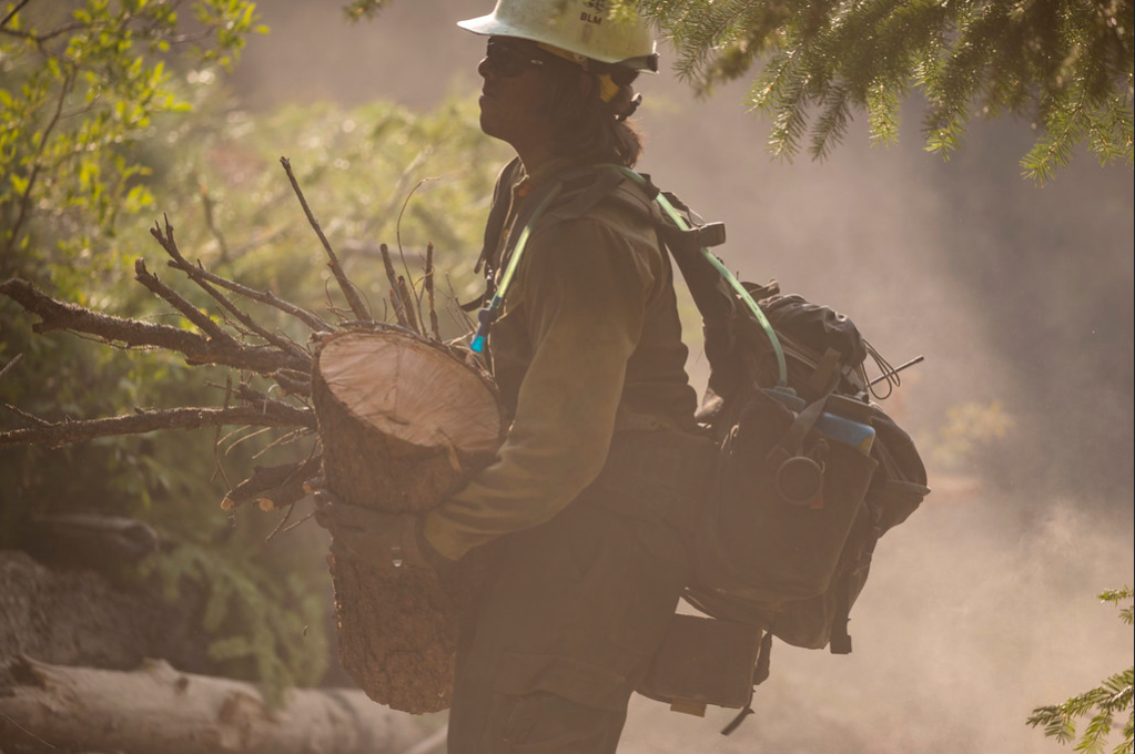 Photo by Bureau of Land Management. Firefighter clears debris at the Cougar Creek Fire.