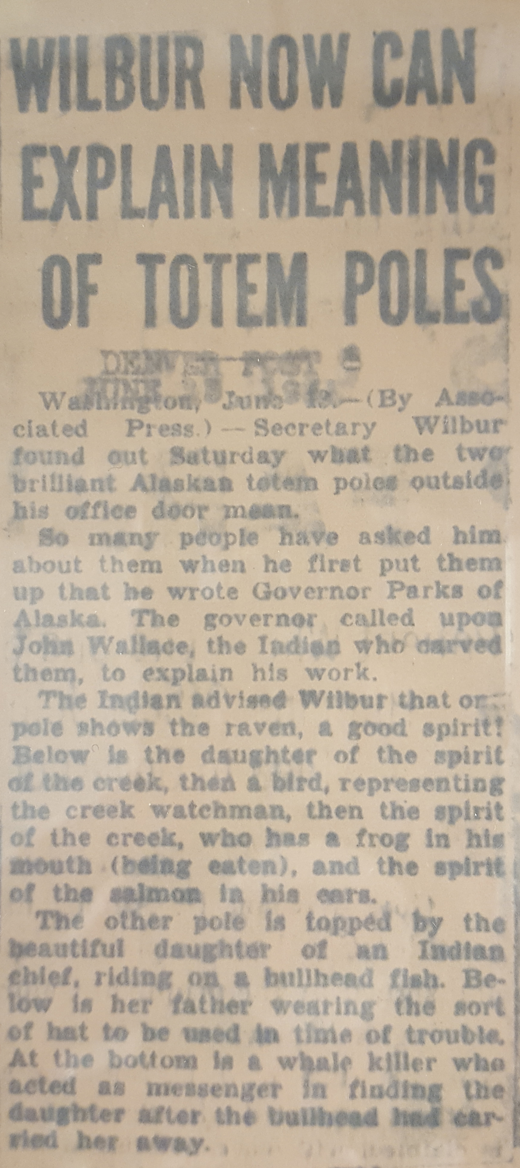 Newspaper clipping: "Wilbur Can Now Explain Meaning of Totem Poles"