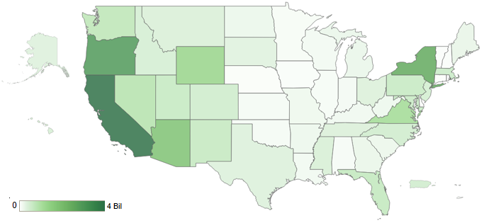 A heat map displaying amount of DM&R backlog by state for all GAOA bureaus