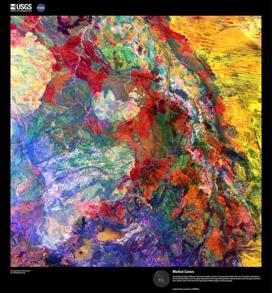 Landsat imagery depicting brilliant colors across Western Australia.