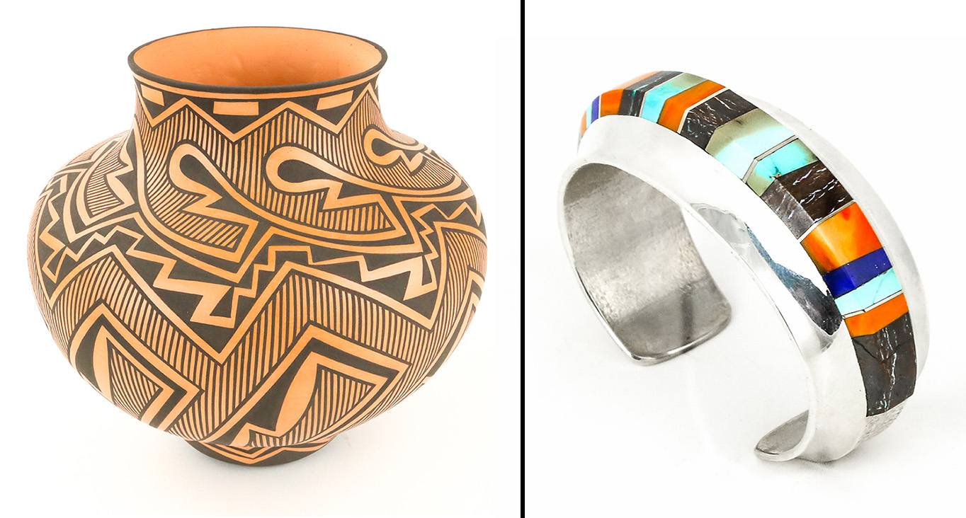 "Zuni Geometric Red Pottery Bowl" by Anderson Jaime Peynetsa (Zuni Pueblo). "Multi-Gemstone Bracelet" by Duane Maktima (Laguna Pueblo/Hopi). © Indian Pueblo Store.