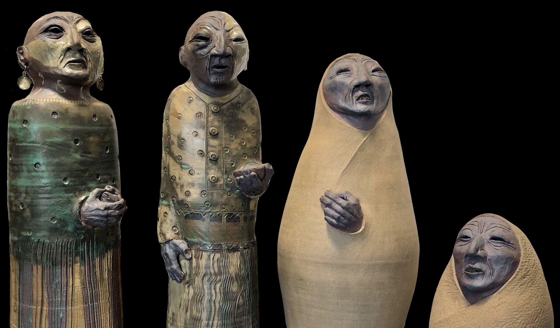 Sculptures entitled "Meditation," "Offering," "Winter Chill," and "Happy Song." © Peter B. Jones