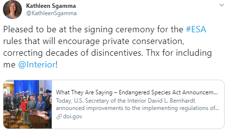 Pleased to be at the signing ceremony for the #ESA rules that will encourage private conservation, correcting decades of disincentives. Thx for including me @Interior!