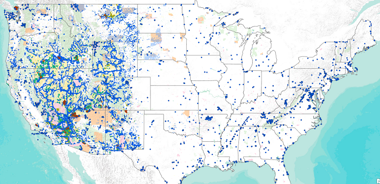 Map of lower 48 states with colored marking for Broadband sites.