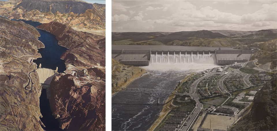 Hand-tinted photographs of Hoover Dam (Boulder Dam), 1936 and Grand Coulee Dam, circa 1950