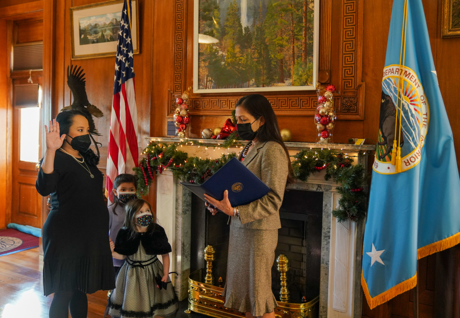 Photo by DOI. Camilla Touton is sworn in by Secretary Deb Haaland.