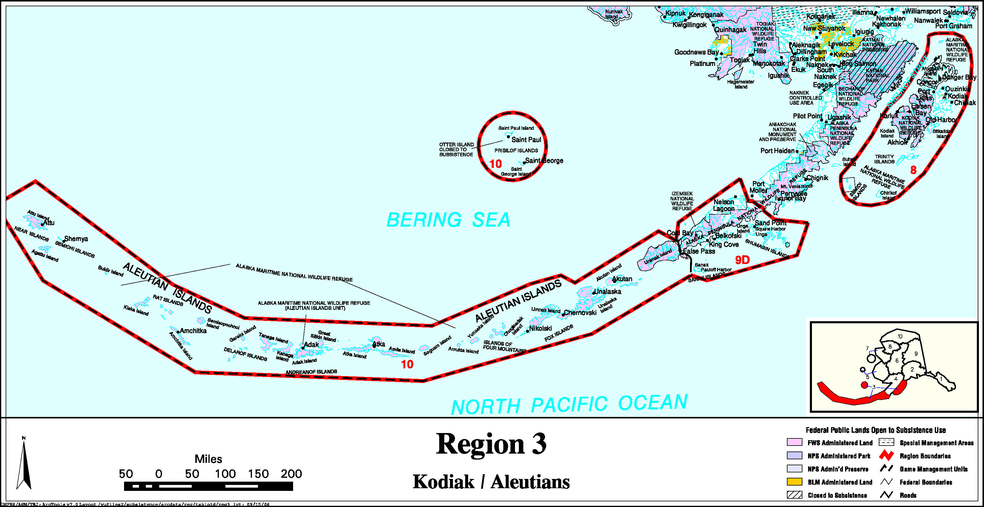 Map showing the boundaries of the Kodiak/Aleutians Federal Subsistence Resource Region, including communities listed previously on this page. Federally managed lands are shown, by agency. For assistance call (800) 478-1456.