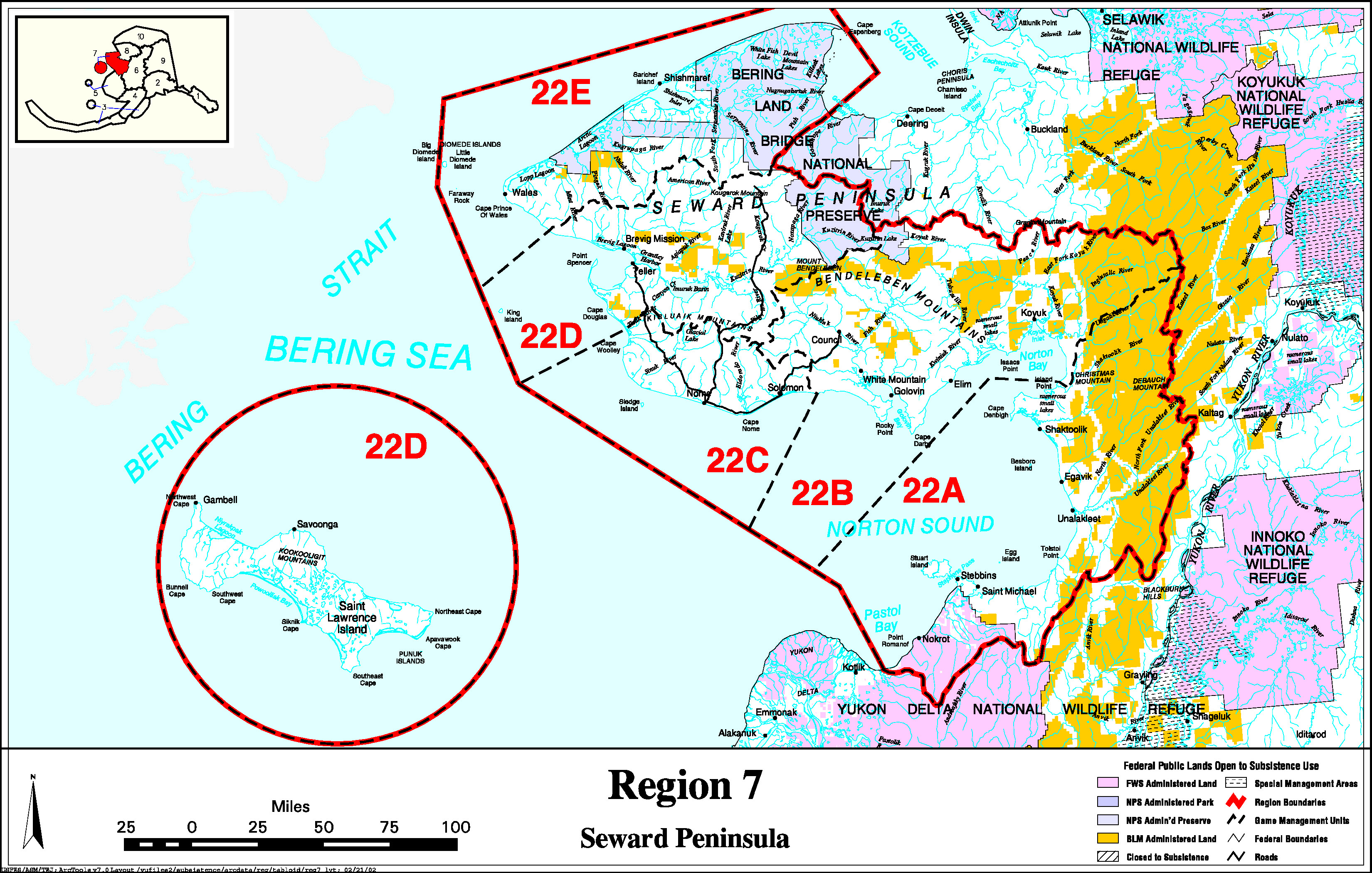 Map showing the boundaries of the Seward Peninsula Federal Subsistence Resource Region, including communities listed previously on this page. Federally managed lands are shown, by agency. For assistance call (800) 478-1456.