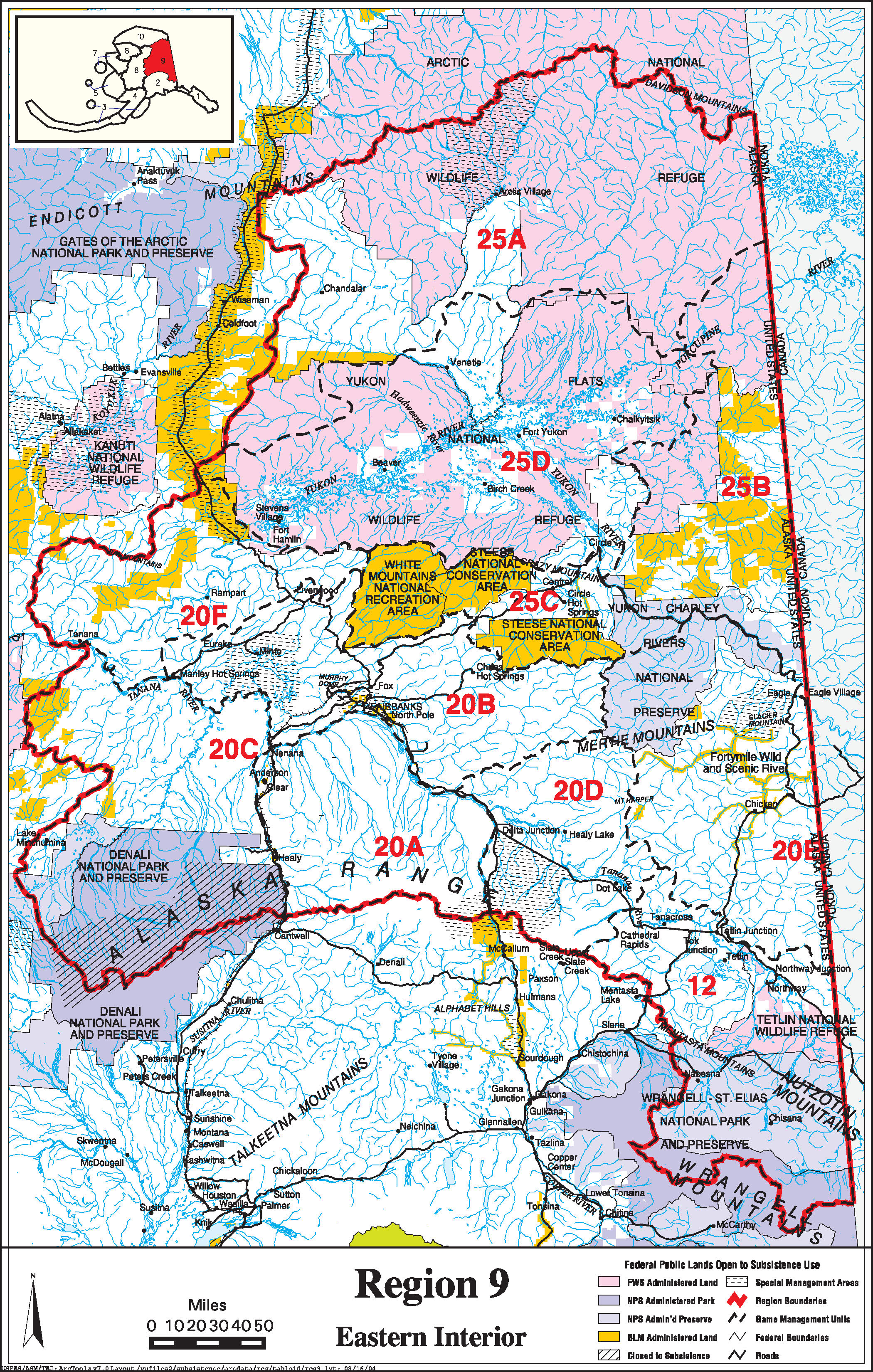 Map showing the boundaries of the Eastern Interior Federal Subsistence Resource Region, including communities listed previously on this page. Federally managed lands are shown, by agency. For assistance call (800) 478-1456.