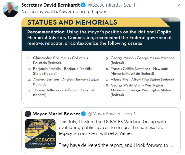 Photo of the Secretary's tweet on preserving statues and memorials.
