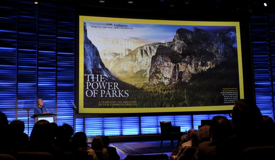 The Power of Parks slide looms large in the background as Secretary Jewell addresses a crowd