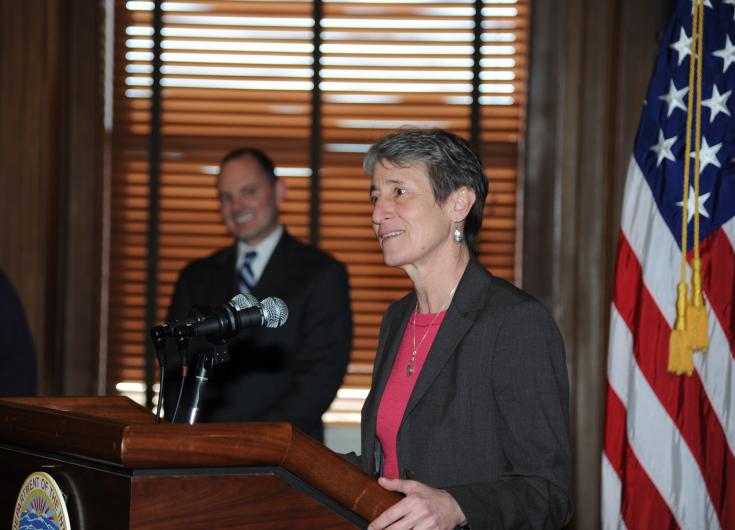 Interior Announces Next Cooperative Agreements Under Land Buy-Back Program for Tribal Nations Secretary Jewell at the podium