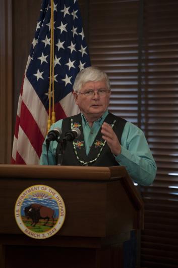 Trahan at podium