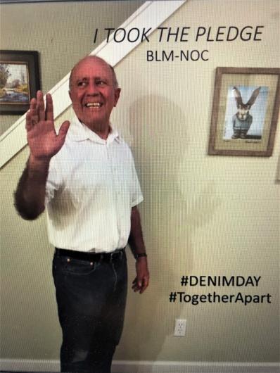 Bob Casias from BLM standing having to the camera, written on the image, I took the Pledge BLM-NOC #DenimDay #TogetherApart