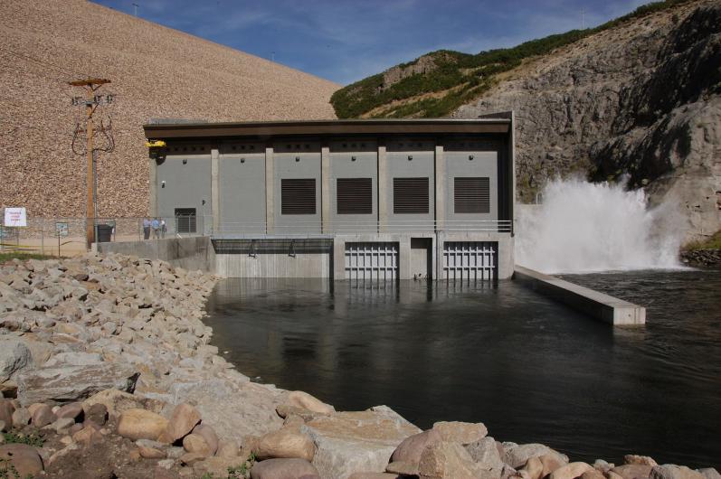 View of Jordanelle Hydroelectric Power Plant looking upstream across the Provo River.