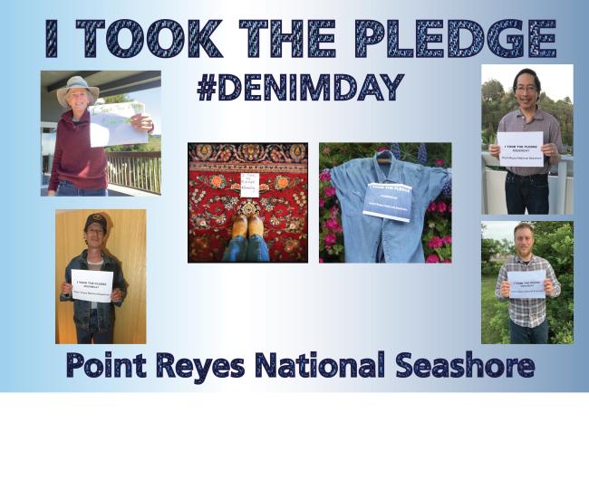 Point Reyes National Seashore (NPS) poster with four people standing with the I Took The Pledge sign. In the middle, two pictures; one of jeans and shoes with the campaign sign and a shirt with the campaign sign as well. 