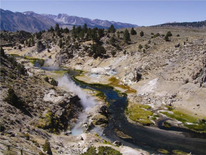 Steam rises from Hot Creek as it flows through the Long Valley Caldera.
