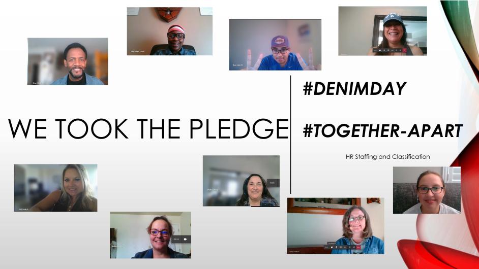 HR Team from USBR on a photo collage with nine photos of staff. Written on the middle of the image: We Took the Pledge #DenimDay #Together-Apart, HR Staffing and Classification. 