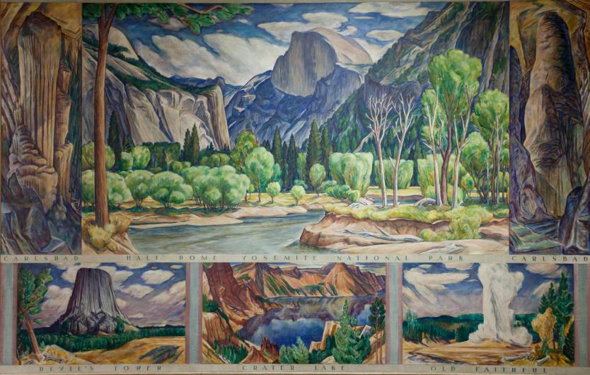 Painted wall mural divided into six scenes depicting five national park sites.