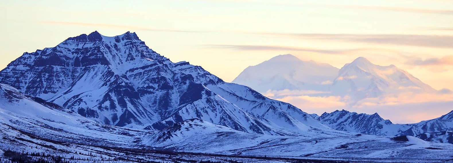 Sunset at Denali showcases purple hues on snow-covered mountains.